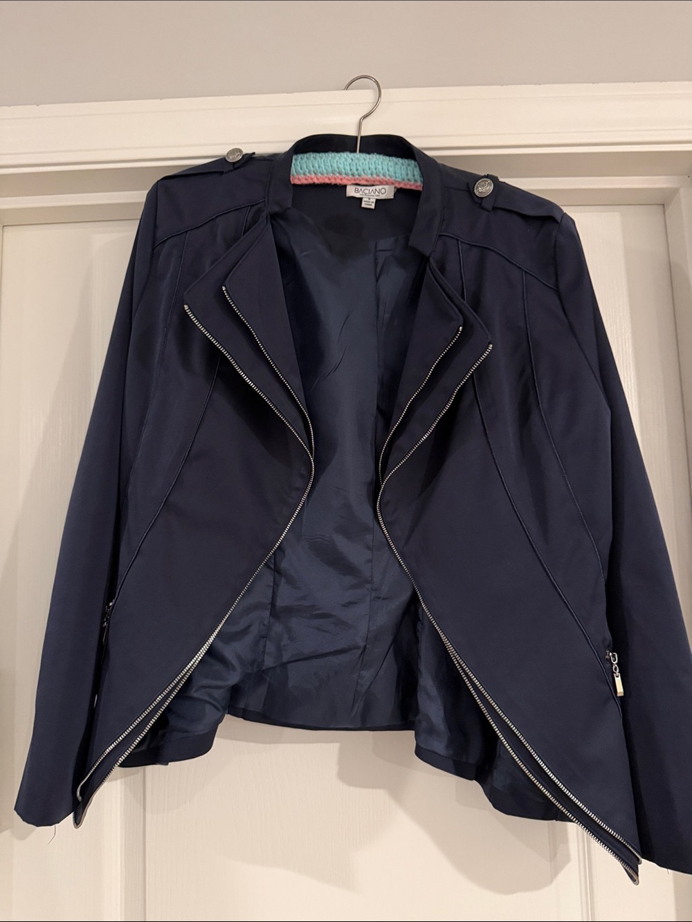 Navy faux zip Women's Jacket with epaulets
